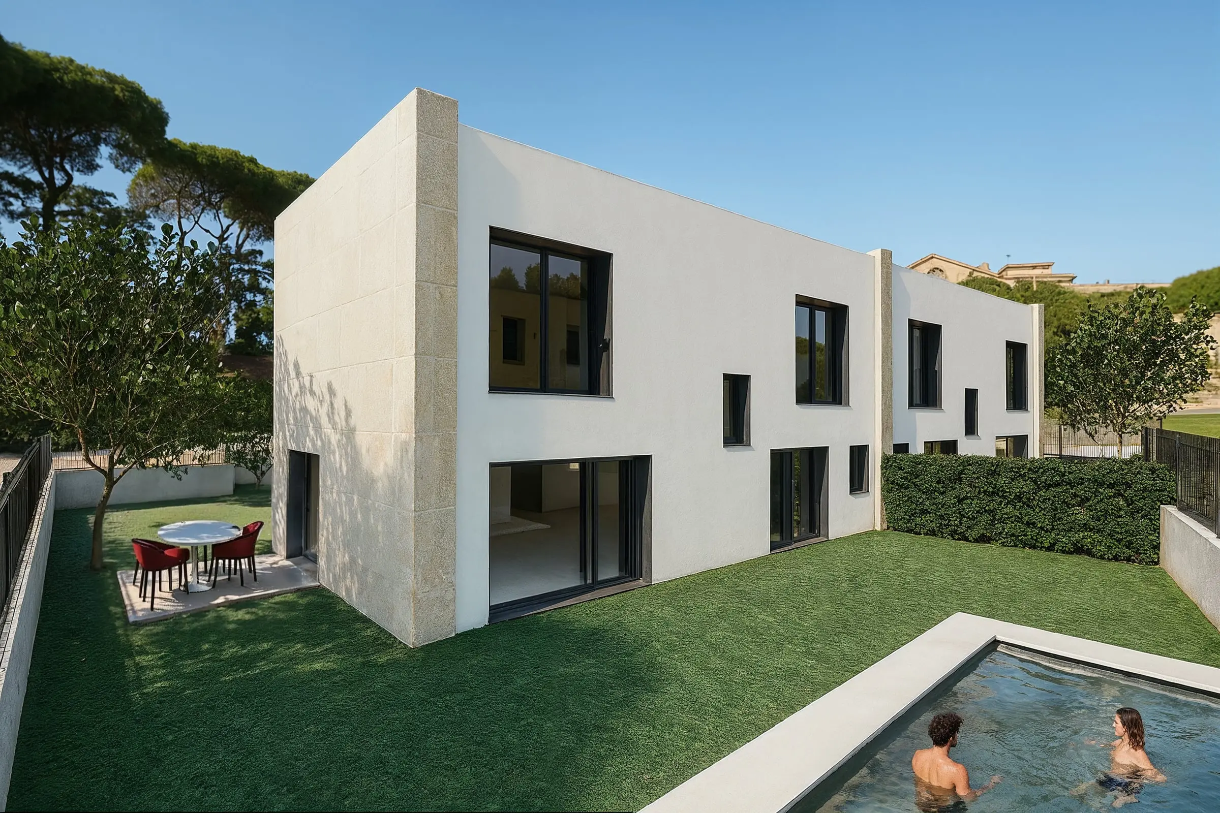 Infografía del proyecto: el jardín con piscina y la fachada posterior de una vivienda, con el testero de granito